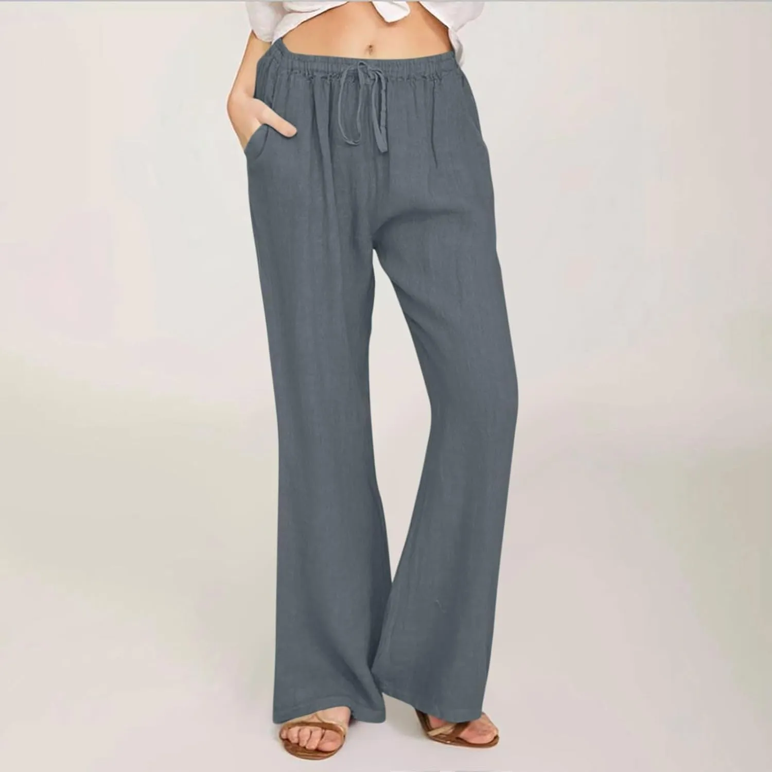 Women Cotton Linen Drawstring Wide Leg Pants Straight Elastic High Waisted Pants Summer Loose Lounge Outdoor Trousers