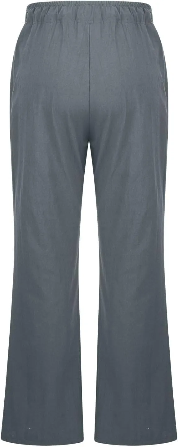 Women Cotton Linen Drawstring Wide Leg Pants Straight Elastic High Waisted Pants Summer Loose Lounge Outdoor Trousers