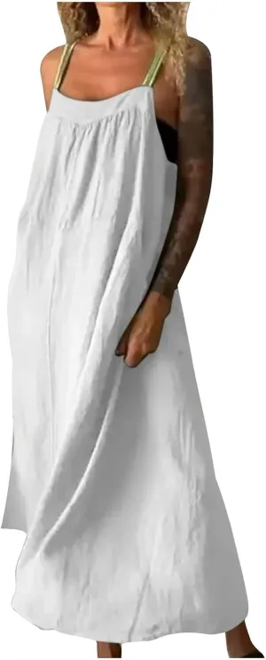 Women Cotton Linen Dress Spaghetti Straps Sleeveless Beach Sundress Solid Color Loose Flowy Maxi Dress 2025 Fashion