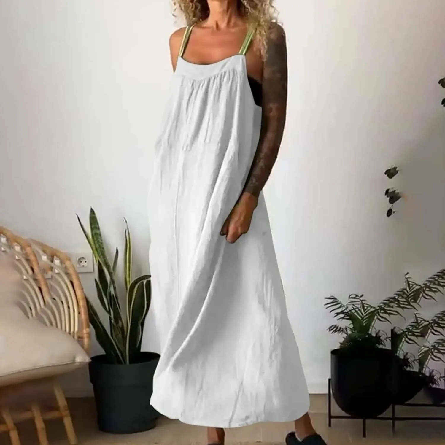 Women Cotton Linen Dress Spaghetti Straps Sleeveless Beach Sundress Solid Color Loose Flowy Maxi Dress 2025 Fashion