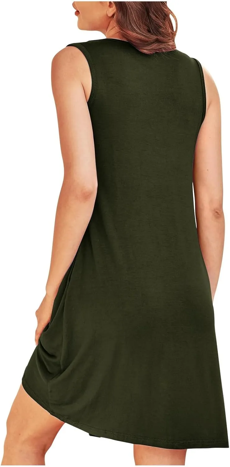 Women Crew Neck Dress Short Sleeve T Shirt Dress Comfy Casual Buckle Midi Dress Loose Solid Color Basic Dresses with Pockets
