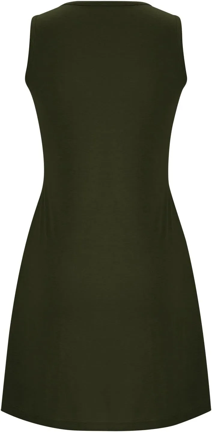 Women Crew Neck Dress Short Sleeve T Shirt Dress Comfy Casual Buckle Midi Dress Loose Solid Color Basic Dresses with Pockets