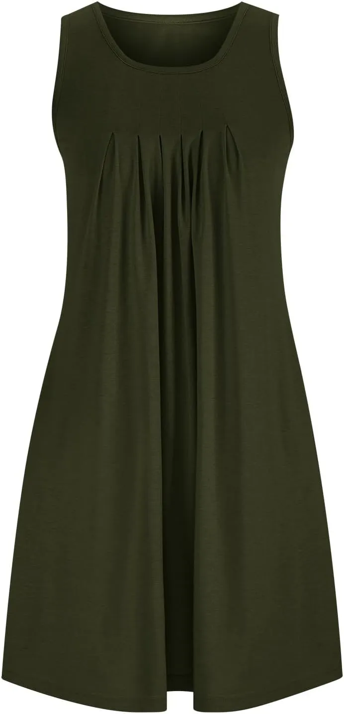 Women Crew Neck Dress Short Sleeve T Shirt Dress Comfy Casual Buckle Midi Dress Loose Solid Color Basic Dresses with Pockets