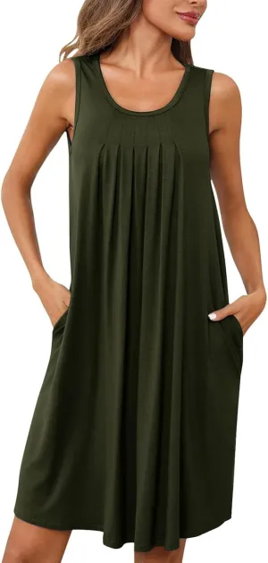 Women Crew Neck Dress Short Sleeve T Shirt Dress Comfy Casual Buckle Midi Dress Loose Solid Color Basic Dresses with Pockets