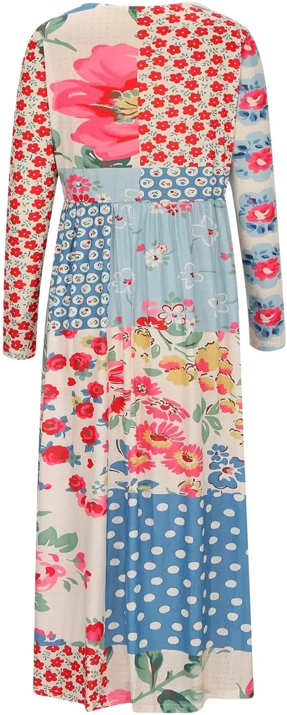 Women Dresses Casual Plus Size V Neck Bohemian Floral Maxi Dress Fall Fashion High Waist Flowy Swing Long Dresses