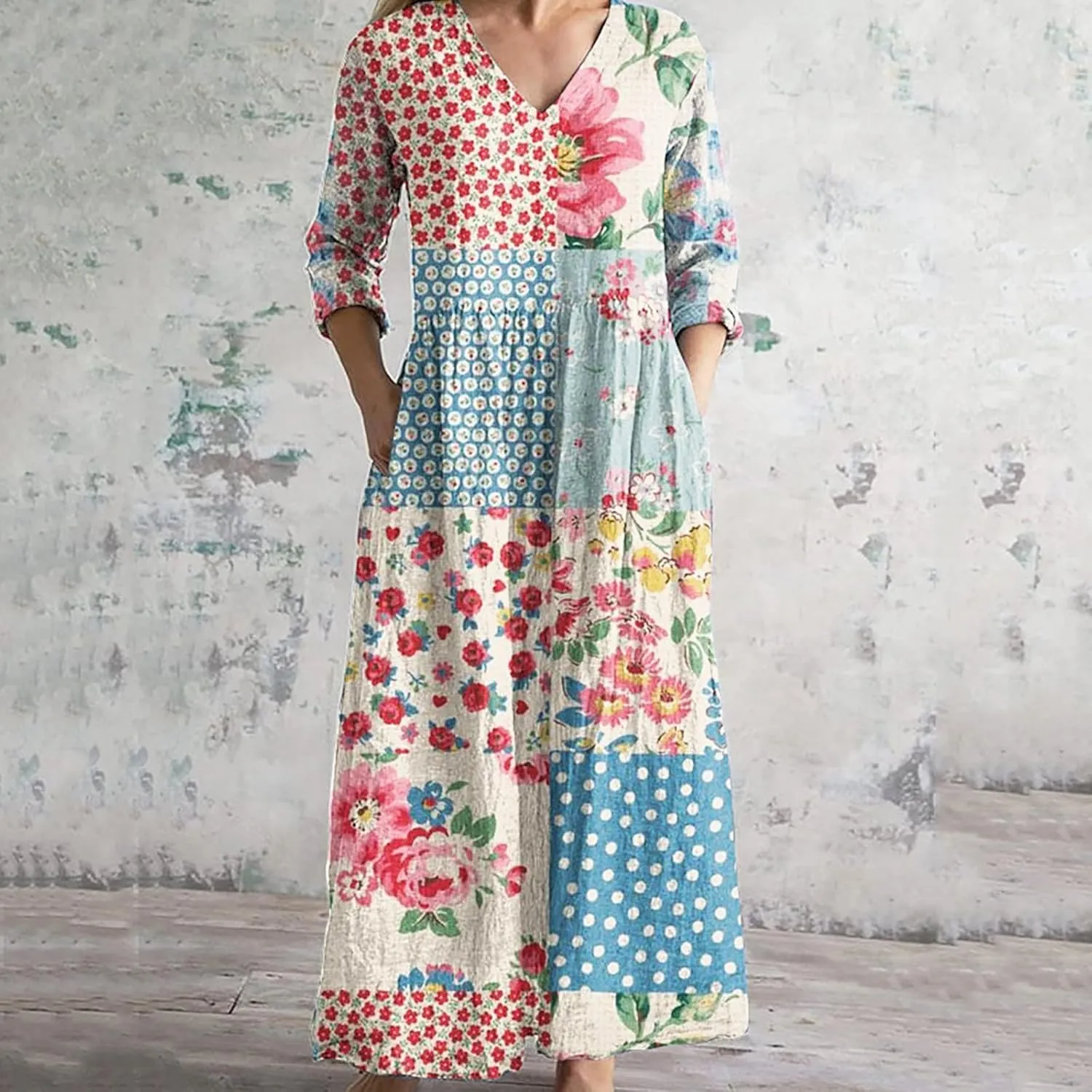 Women Dresses Casual Plus Size V Neck Bohemian Floral Maxi Dress Fall Fashion High Waist Flowy Swing Long Dresses