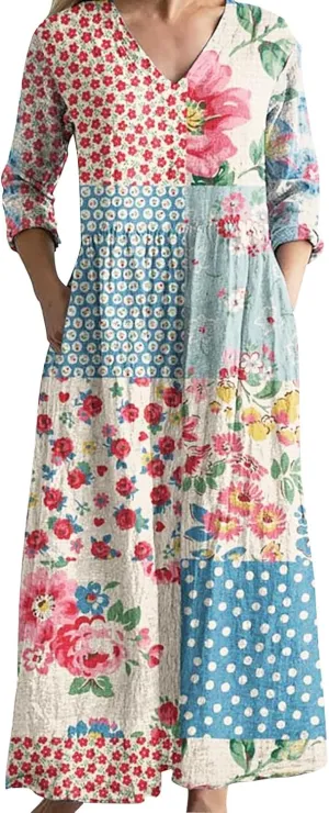 Women Dresses Casual Plus Size V Neck Bohemian Floral Maxi Dress Fall Fashion High Waist Flowy Swing Long Dresses