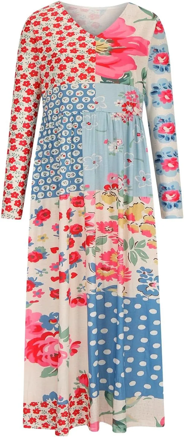 Women Dresses Casual Plus Size V Neck Bohemian Floral Maxi Dress Fall Fashion High Waist Flowy Swing Long Dresses