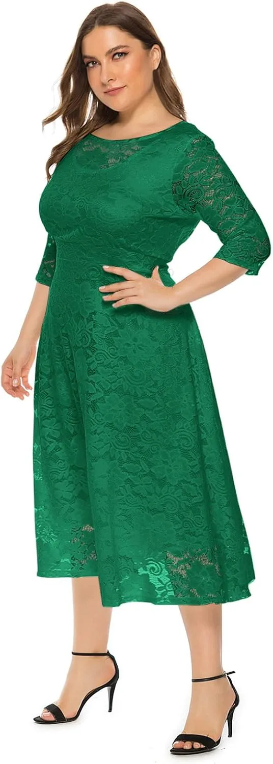 Women Elegant Plus Size Floral Lace Dresses A-Line Evening Wedding Cocktail Party Formal Guest Swing Midi Dress with Pockets