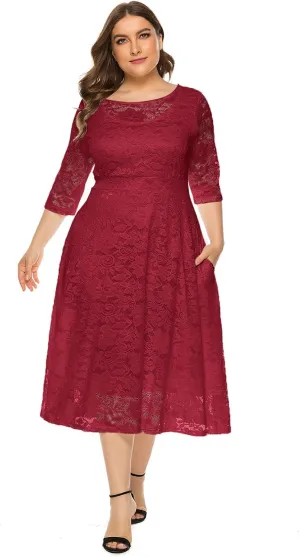 Women Elegant Plus Size Floral Lace Dresses A-Line Evening Wedding Cocktail Party Formal Guest Swing Midi Dress with Pockets