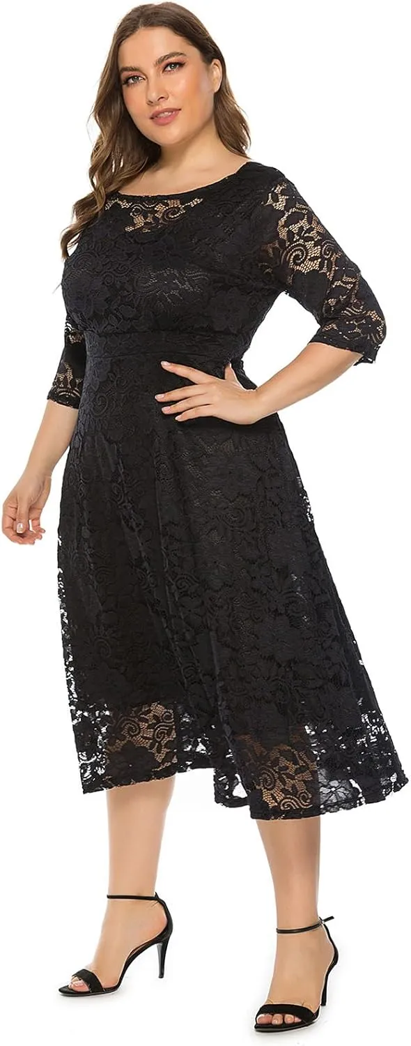 Women Elegant Plus Size Floral Lace Dresses A-Line Evening Wedding Cocktail Party Formal Guest Swing Midi Dress with Pockets