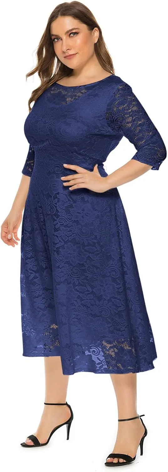 Women Elegant Plus Size Floral Lace Dresses A-Line Evening Wedding Cocktail Party Formal Guest Swing Midi Dress with Pockets