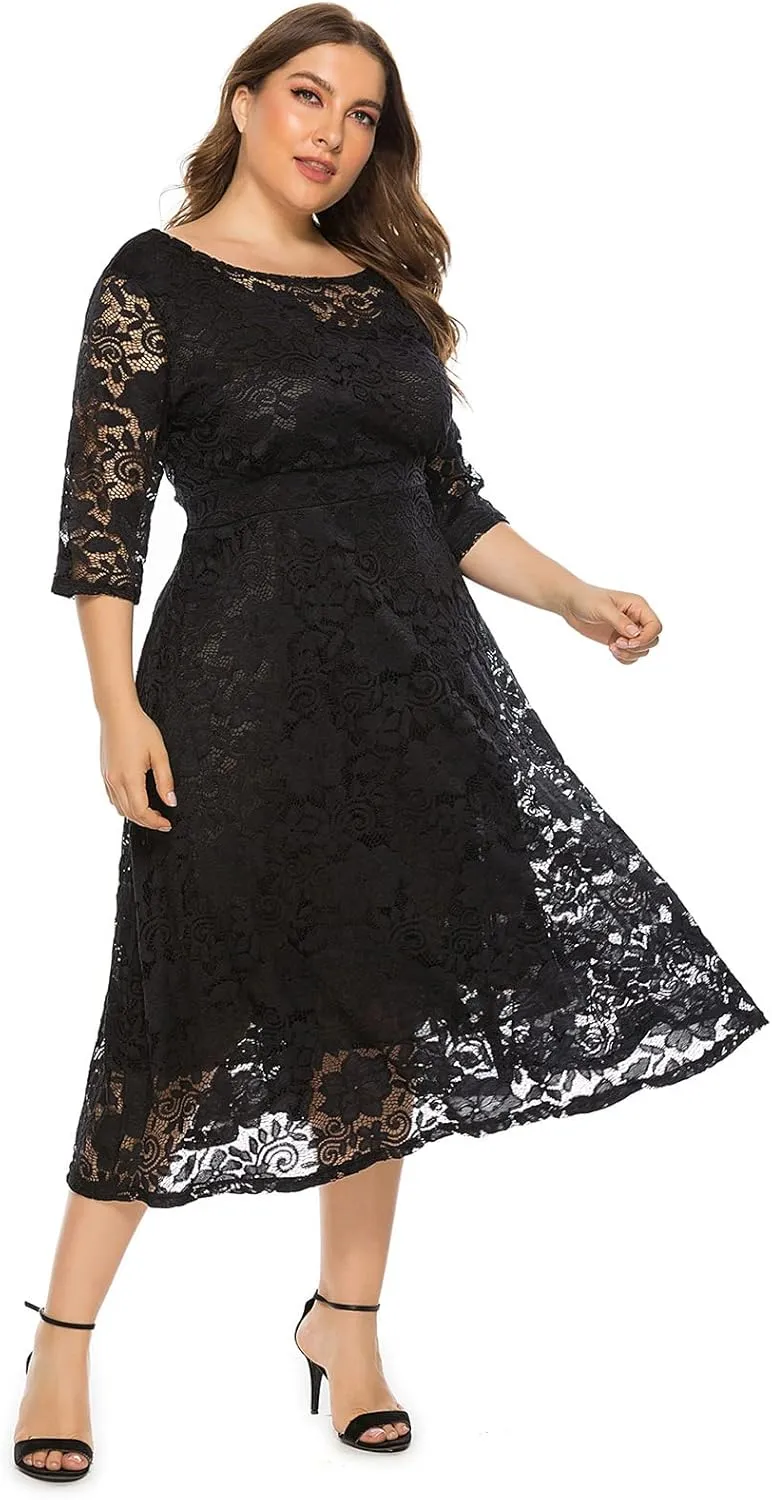 Women Elegant Plus Size Floral Lace Dresses A-Line Evening Wedding Cocktail Party Formal Guest Swing Midi Dress with Pockets