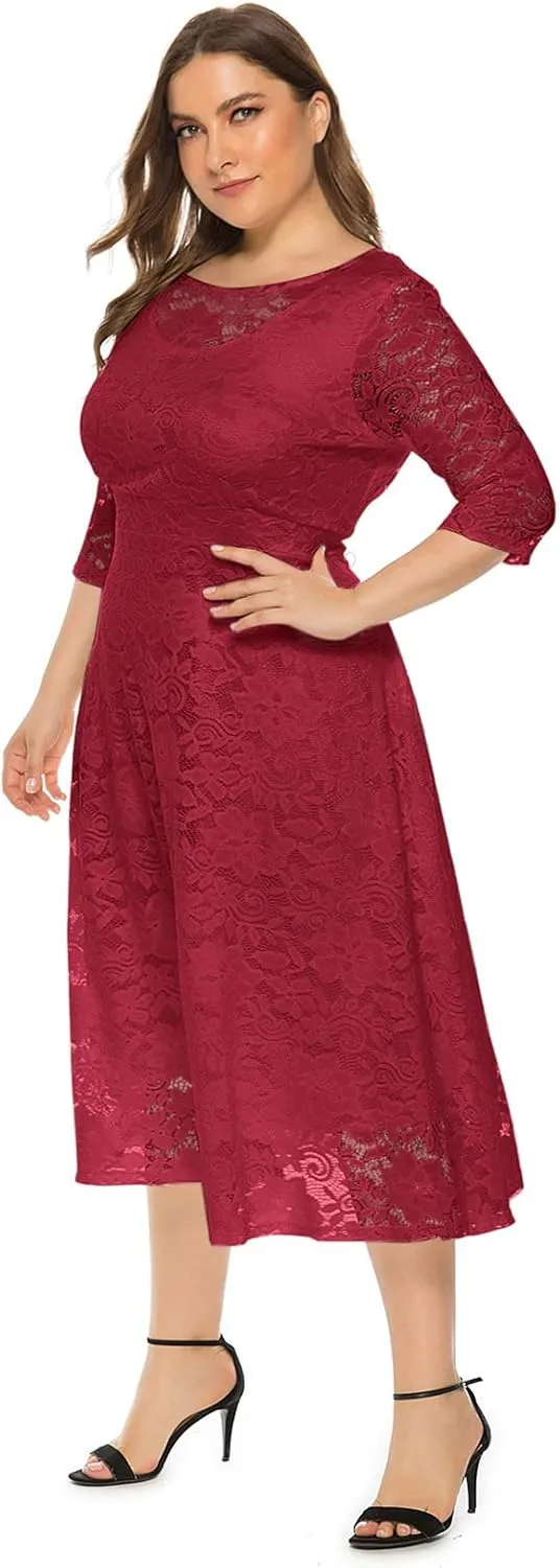Women Elegant Plus Size Floral Lace Dresses A-Line Evening Wedding Cocktail Party Formal Guest Swing Midi Dress with Pockets