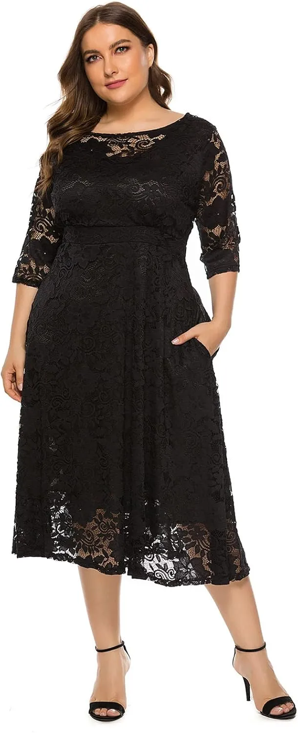 Women Elegant Plus Size Floral Lace Dresses A-Line Evening Wedding Cocktail Party Formal Guest Swing Midi Dress with Pockets