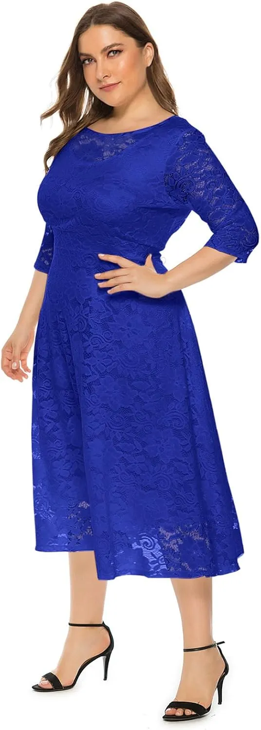 Women Elegant Plus Size Floral Lace Dresses A-Line Evening Wedding Cocktail Party Formal Guest Swing Midi Dress with Pockets