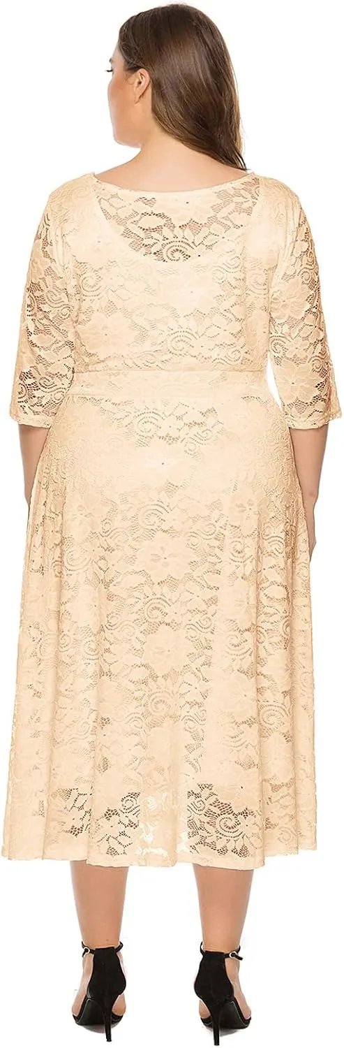 Women Elegant Plus Size Floral Lace Dresses A-Line Evening Wedding Cocktail Party Formal Guest Swing Midi Dress with Pockets