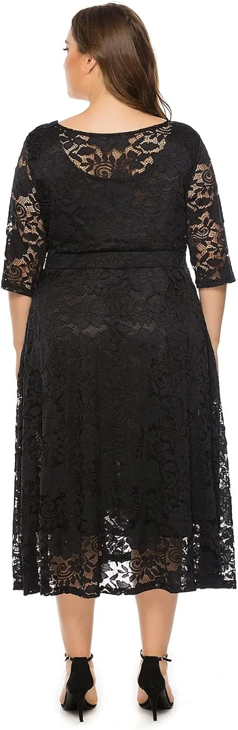 Women Elegant Plus Size Floral Lace Dresses A-Line Evening Wedding Cocktail Party Formal Guest Swing Midi Dress with Pockets