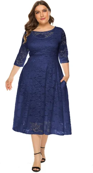 Women Elegant Plus Size Floral Lace Dresses A-Line Evening Wedding Cocktail Party Formal Guest Swing Midi Dress with Pockets
