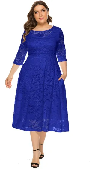 Women Elegant Plus Size Floral Lace Dresses A-Line Evening Wedding Cocktail Party Formal Guest Swing Midi Dress with Pockets