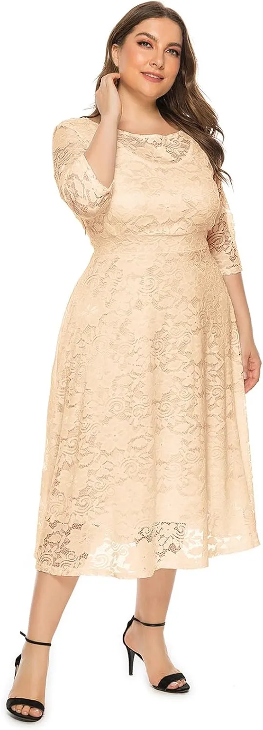 Women Elegant Plus Size Floral Lace Dresses A-Line Evening Wedding Cocktail Party Formal Guest Swing Midi Dress with Pockets