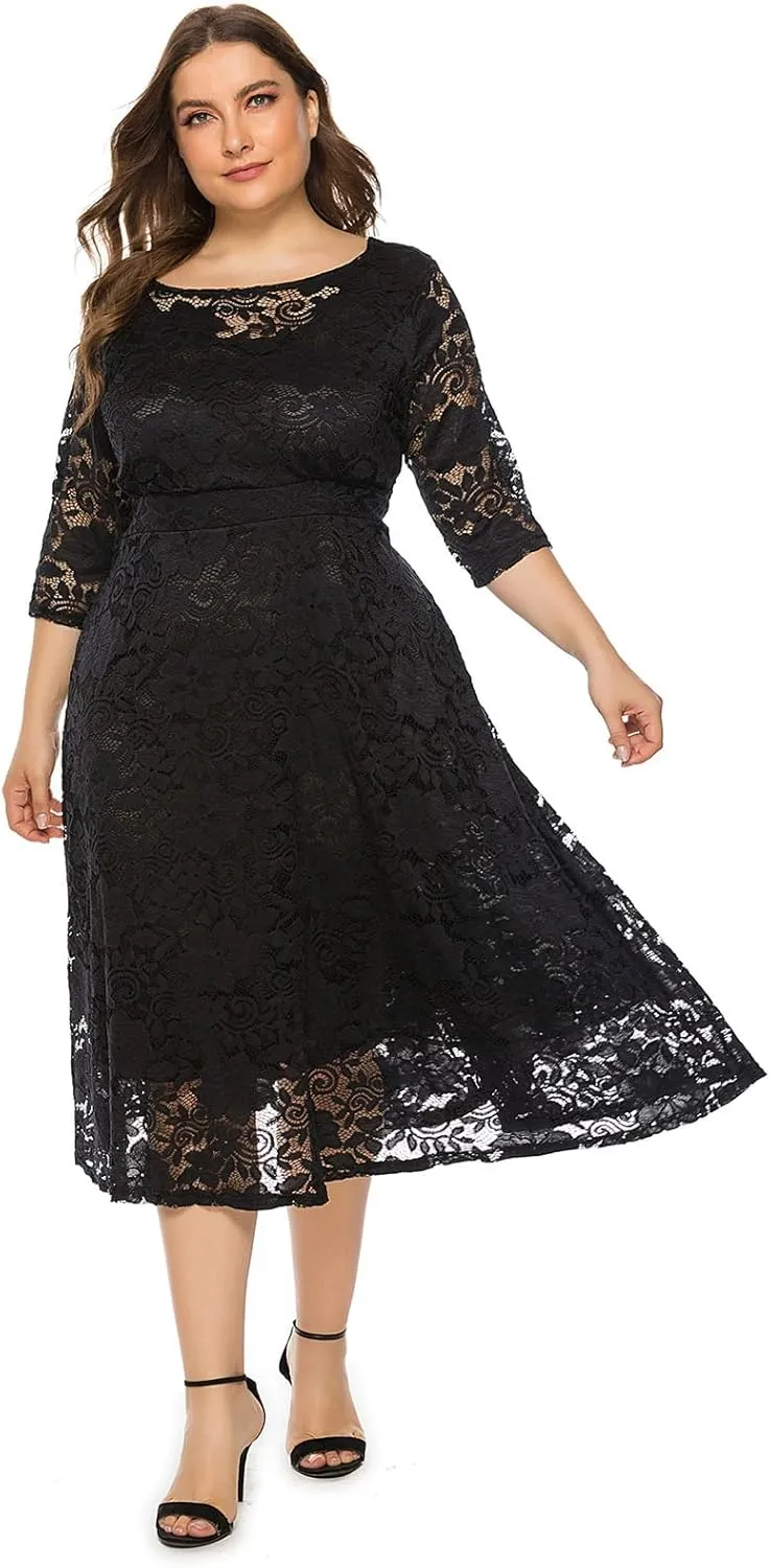 Women Elegant Plus Size Floral Lace Dresses A-Line Evening Wedding Cocktail Party Formal Guest Swing Midi Dress with Pockets