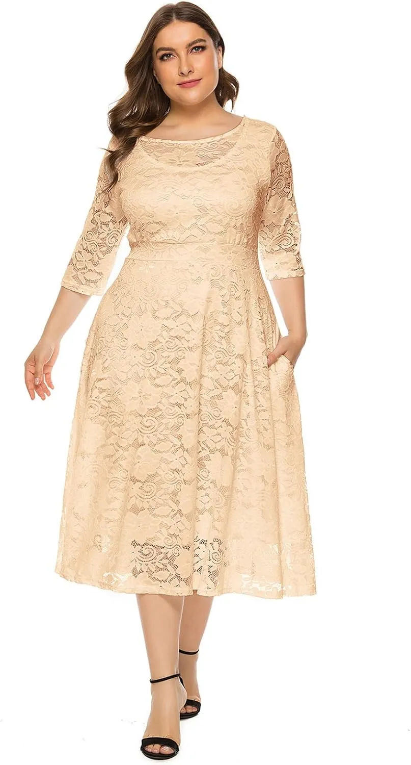 Women Elegant Plus Size Floral Lace Dresses A-Line Evening Wedding Cocktail Party Formal Guest Swing Midi Dress with Pockets