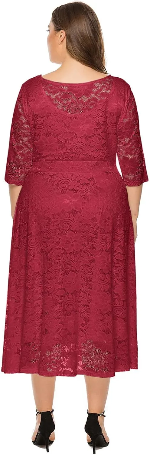 Women Elegant Plus Size Floral Lace Dresses A-Line Evening Wedding Cocktail Party Formal Guest Swing Midi Dress with Pockets