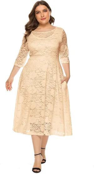 Women Elegant Plus Size Floral Lace Dresses A-Line Evening Wedding Cocktail Party Formal Guest Swing Midi Dress with Pockets