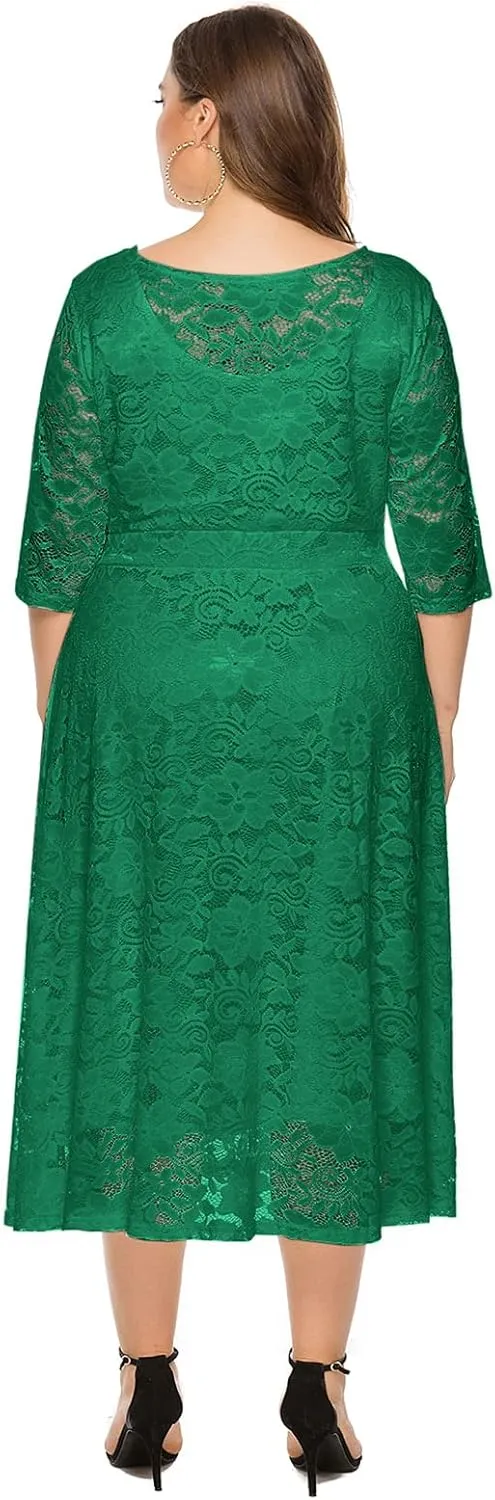 Women Elegant Plus Size Floral Lace Dresses A-Line Evening Wedding Cocktail Party Formal Guest Swing Midi Dress with Pockets