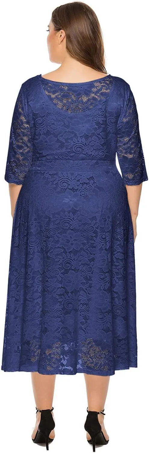 Women Elegant Plus Size Floral Lace Dresses A-Line Evening Wedding Cocktail Party Formal Guest Swing Midi Dress with Pockets