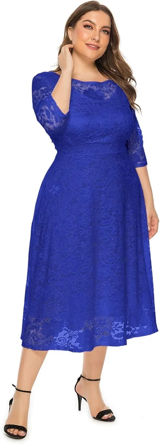 Women Elegant Plus Size Floral Lace Dresses A-Line Evening Wedding Cocktail Party Formal Guest Swing Midi Dress with Pockets