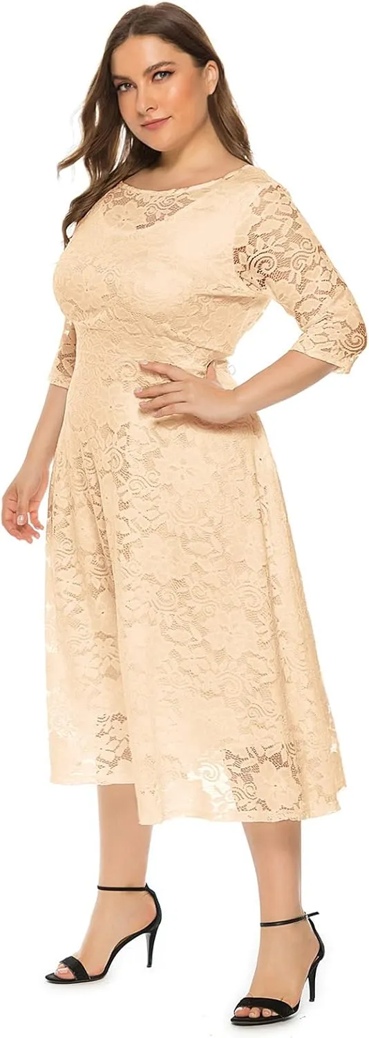 Women Elegant Plus Size Floral Lace Dresses A-Line Evening Wedding Cocktail Party Formal Guest Swing Midi Dress with Pockets