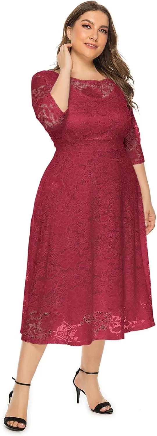 Women Elegant Plus Size Floral Lace Dresses A-Line Evening Wedding Cocktail Party Formal Guest Swing Midi Dress with Pockets
