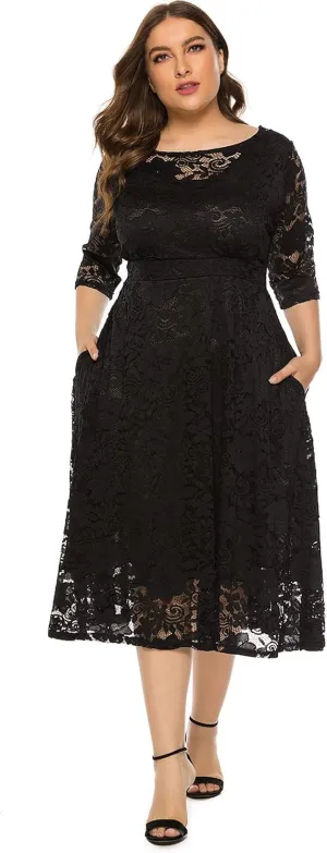 Women Elegant Plus Size Floral Lace Dresses A-Line Evening Wedding Cocktail Party Formal Guest Swing Midi Dress with Pockets