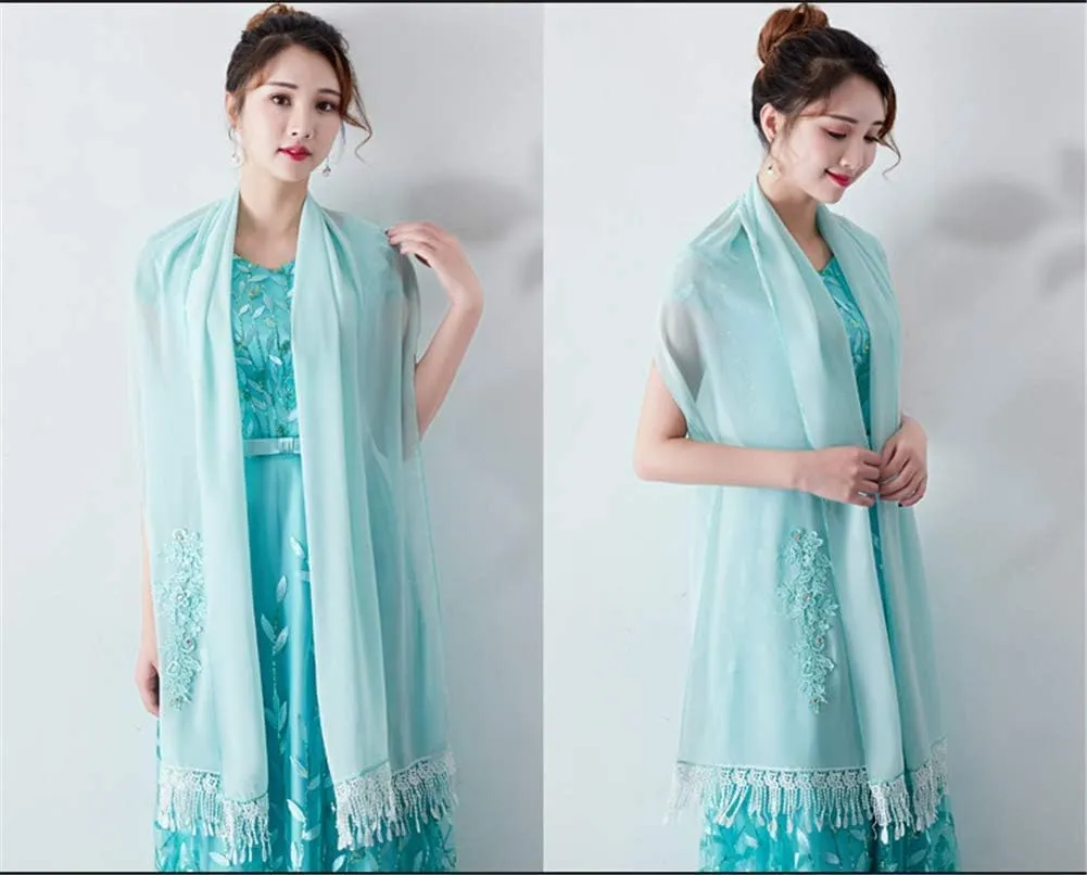 Women Elegant Sheer Chiffon Applique Long Wedding Evening Dress Shawl Wrap