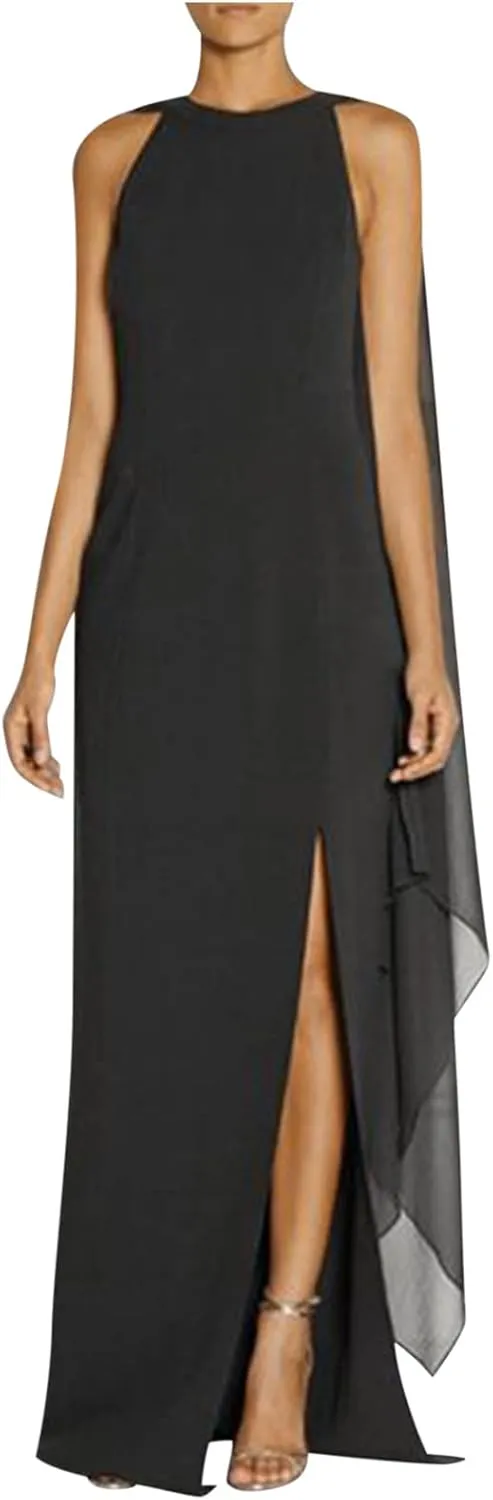 Women Elegant Split Cocktail Pencil Dress Cape Sleeve Chiffon Patchwork Formal Evening Maxi Gowns Wedding Dresses