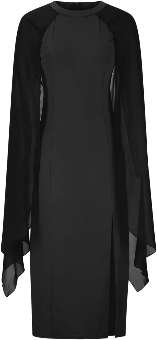 Women Elegant Split Cocktail Pencil Dress Cape Sleeve Chiffon Patchwork Formal Evening Maxi Gowns Wedding Dresses