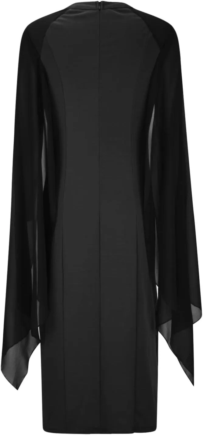 Women Elegant Split Cocktail Pencil Dress Cape Sleeve Chiffon Patchwork Formal Evening Maxi Gowns Wedding Dresses