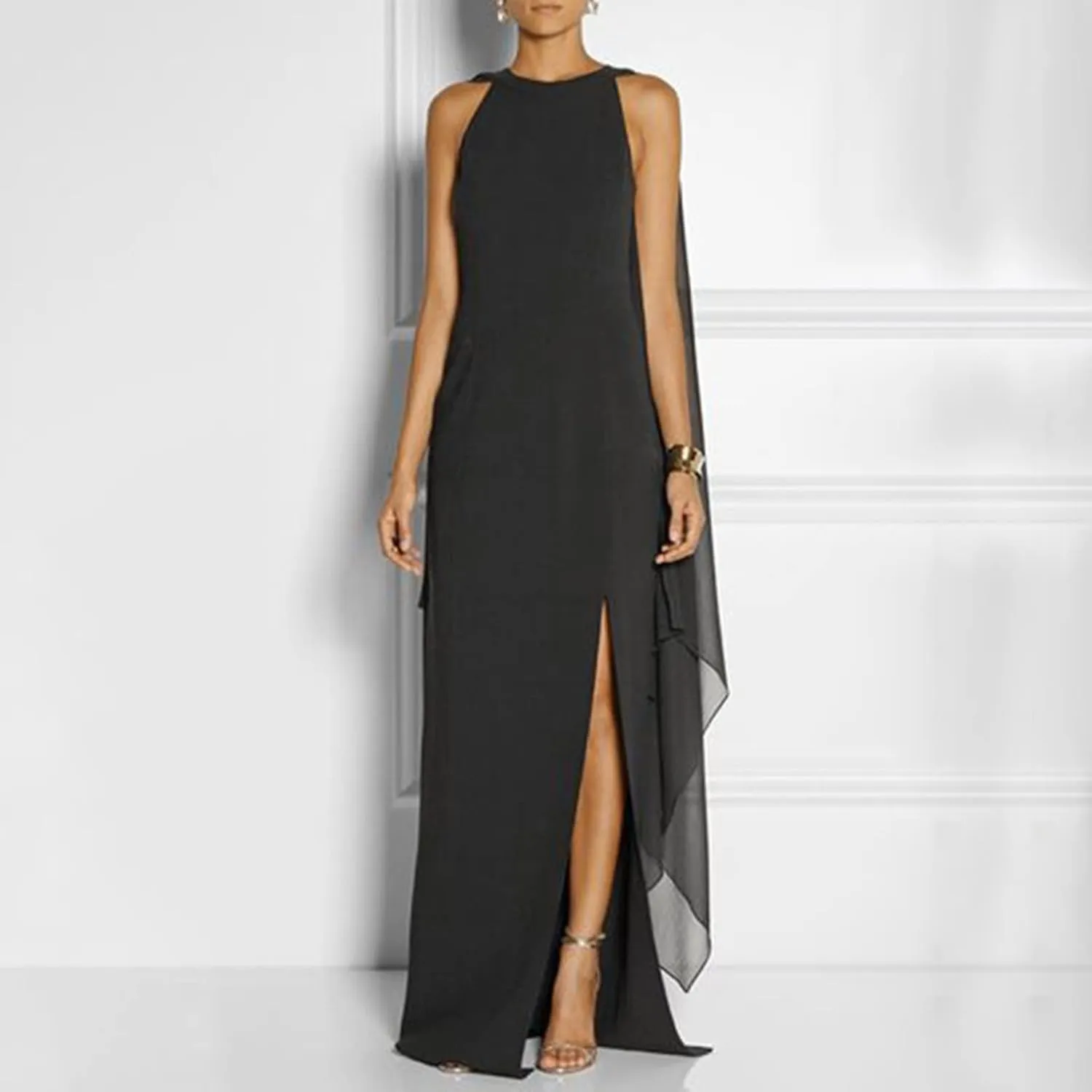 Women Elegant Split Cocktail Pencil Dress Cape Sleeve Chiffon Patchwork Formal Evening Maxi Gowns Wedding Dresses
