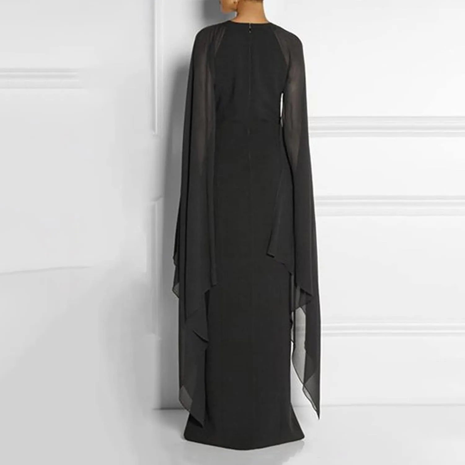 Women Elegant Split Cocktail Pencil Dress Cape Sleeve Chiffon Patchwork Formal Evening Maxi Gowns Wedding Dresses