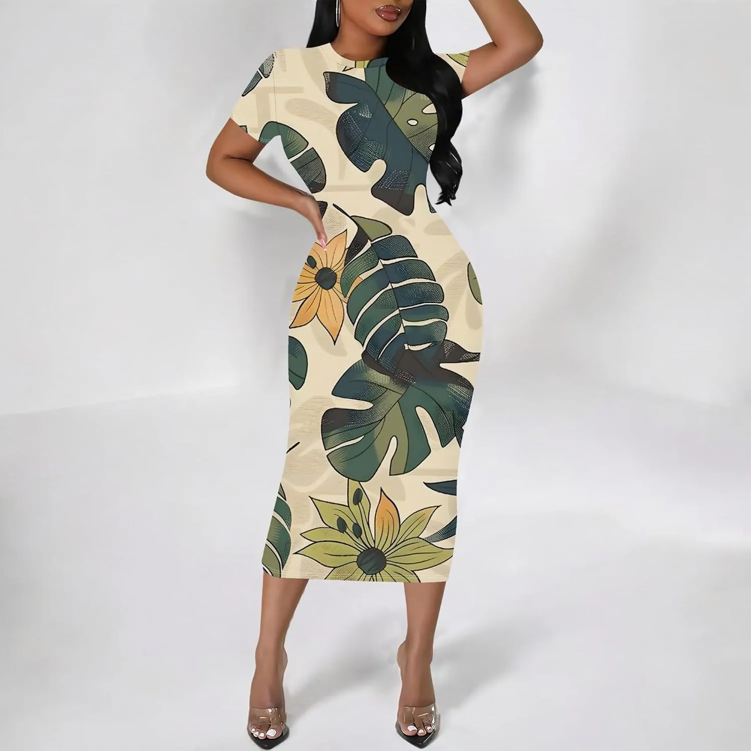 Women Fashion Dresses Curvy Women Short Sleeve Round Neck Bodycon Dresses Summer Print Cocktail Formal Gown S-3XL