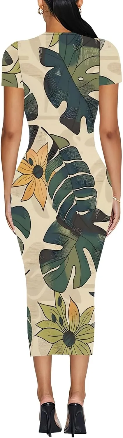 Women Fashion Dresses Curvy Women Short Sleeve Round Neck Bodycon Dresses Summer Print Cocktail Formal Gown S-3XL