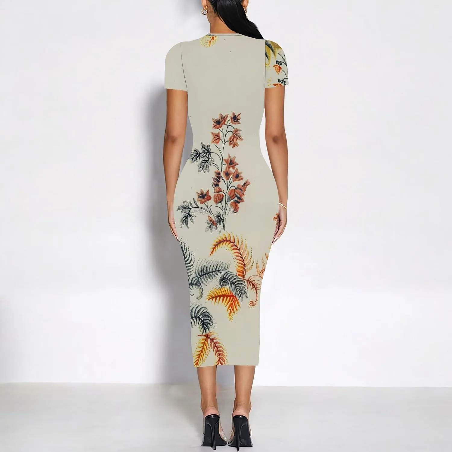 Women Fashion Dresses Curvy Women Short Sleeve Round Neck Bodycon Dresses Summer Print Cocktail Formal Gown S-3XL