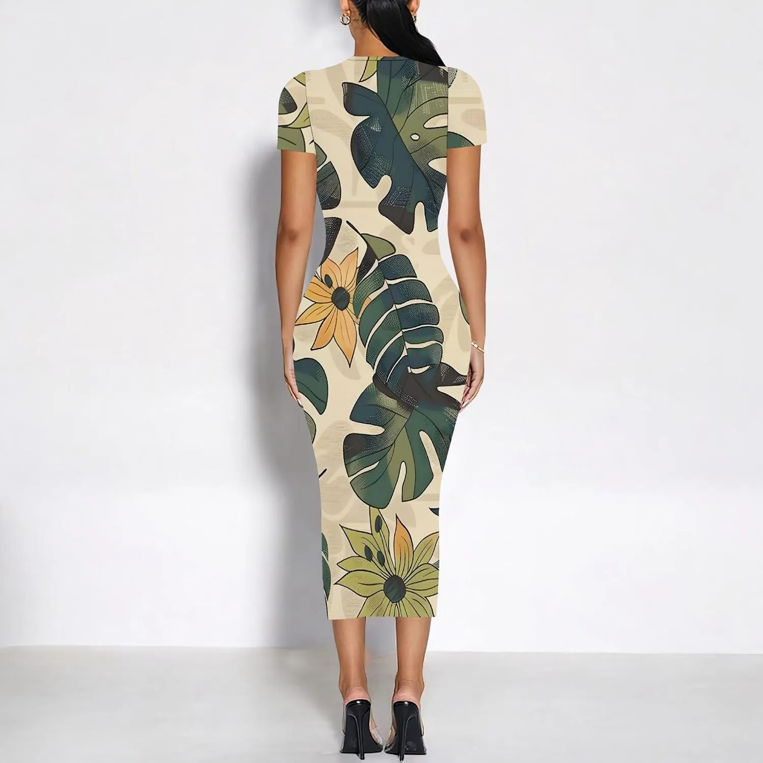 Women Fashion Dresses Curvy Women Short Sleeve Round Neck Bodycon Dresses Summer Print Cocktail Formal Gown S-3XL