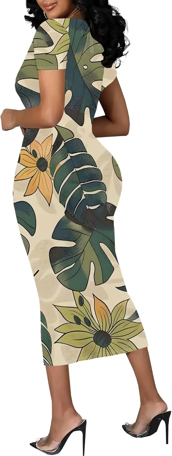 Women Fashion Dresses Curvy Women Short Sleeve Round Neck Bodycon Dresses Summer Print Cocktail Formal Gown S-3XL