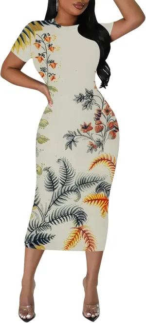 Women Fashion Dresses Curvy Women Short Sleeve Round Neck Bodycon Dresses Summer Print Cocktail Formal Gown S-3XL