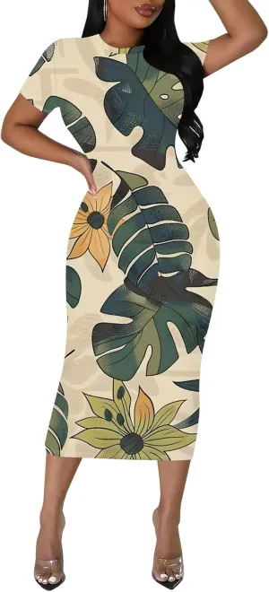 Women Fashion Dresses Curvy Women Short Sleeve Round Neck Bodycon Dresses Summer Print Cocktail Formal Gown S-3XL