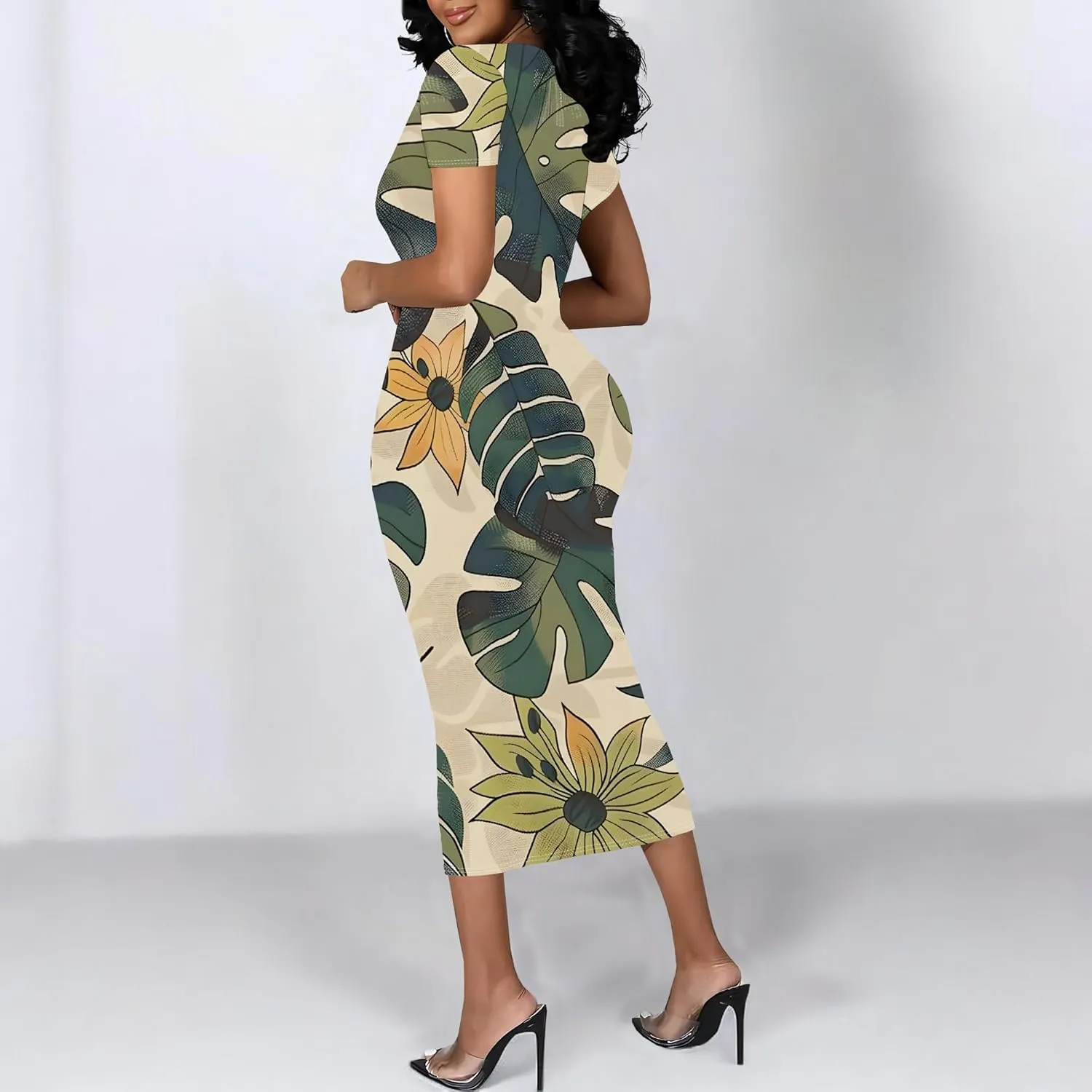 Women Fashion Dresses Curvy Women Short Sleeve Round Neck Bodycon Dresses Summer Print Cocktail Formal Gown S-3XL