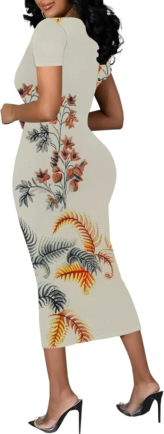 Women Fashion Dresses Curvy Women Short Sleeve Round Neck Bodycon Dresses Summer Print Cocktail Formal Gown S-3XL